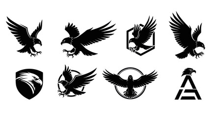 Collection of Fierce Black and White Eagle and Hawk Logo Designs, Featuring Dynamic Flying Birds, Aggressive Head Profiles, and Heraldic Shield Emblems on Isolated White Background, Flat Vector