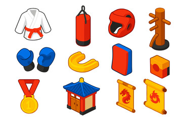 Karate Gear Icons. Isometric vector illustration set featuring karate uniform, red belt, heavy bag, sparring gloves, mouthguard,