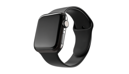 Modern black smartwatch with a sleek design and black strap isolated on transparent background