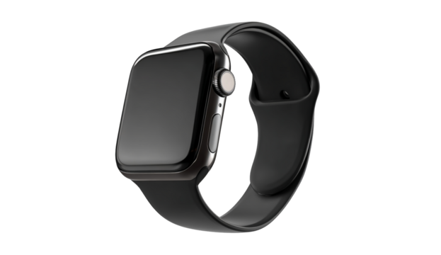 Modern black smartwatch with a sleek design and black strap isolated on transparent background - Powered by Adobe