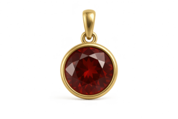 Elegant golden pendant with red ruby, isolated on transparent background, detailed