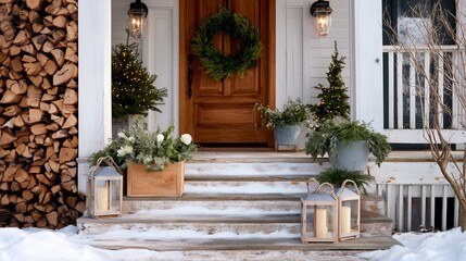 Holiday decorations enhance a cozy home entrance with green wreath and snowy steps