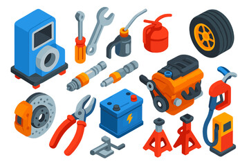Automotive Tool Icons. Isometric vector illustration set featuring diagnostic scanner, wrench, screwdriver, oil can, tire, brake