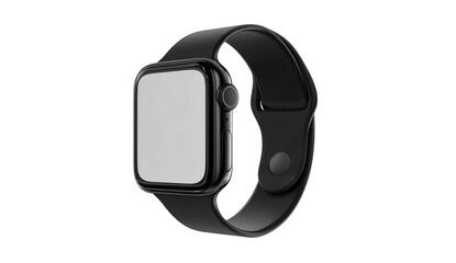 Modern black smartwatch with a blank screen and black band isolated on transparent background