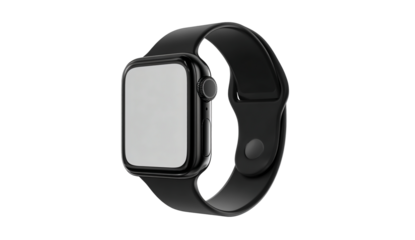 Modern black smartwatch with a blank screen and black band isolated on transparent background