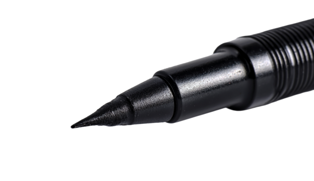 Close up of a black marker pen tip writing on a transparent background isolated on transparent background