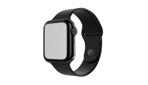 Modern black smartwatch with a blank screen and black band isolated on transparent background