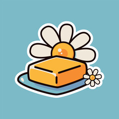 Cute Butter Block with Chamomile Flower Illustration on Blue Background for Dairy and Food Design