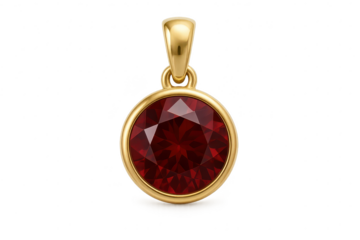 Elegant golden pendant with red gemstone, isolated on transparent background