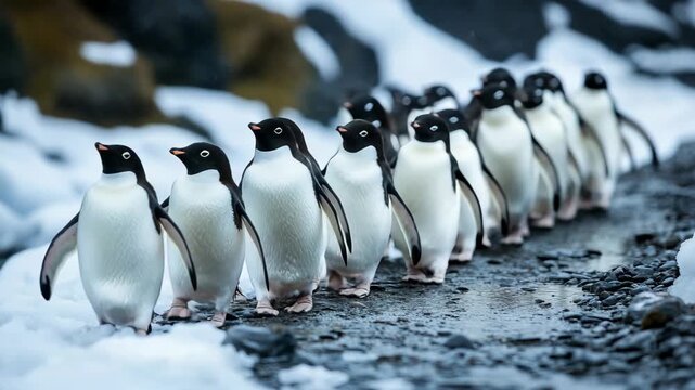 Group of penguins walking on rocky icy landscape under snow covered sky