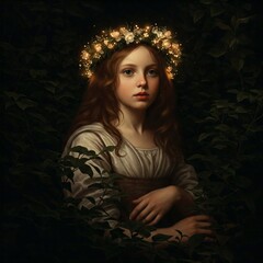 Portrait of a girl with glowing wreath. Dark Baroque painting of a young woman surrounded by foliage.
