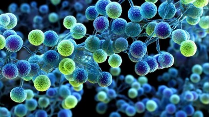 Close up view of blue and green molecular structure cells background. Microscopic biology scientific concept with medical digital data animation. - Powered by Adobe