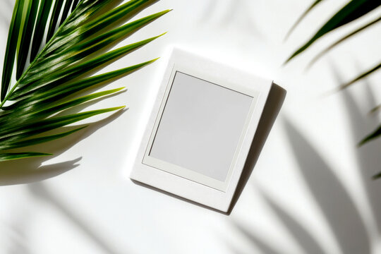 A stylish mockup features a blank Polaroid frame centered on a white background, surrounded by green palm leaves, perfect for showcasing memories