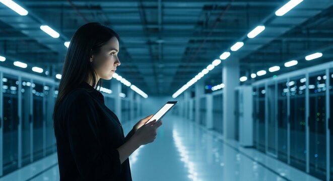 Focused young woman monitors data servers in a futuristic, glowing data center environment, showcasing technological innovation and digital infrastructure. - Powered by Adobe