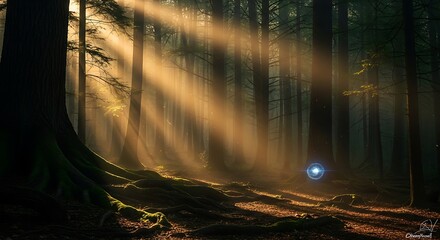 Fototapeta premium Sunlight filters through the forest illuminating a mystical light source
