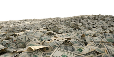 Massive pile of us dollar bills creating a large mountain of cash isolated on transparent background