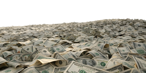 Massive pile of us dollar bills creating a large mountain of cash isolated on transparent background