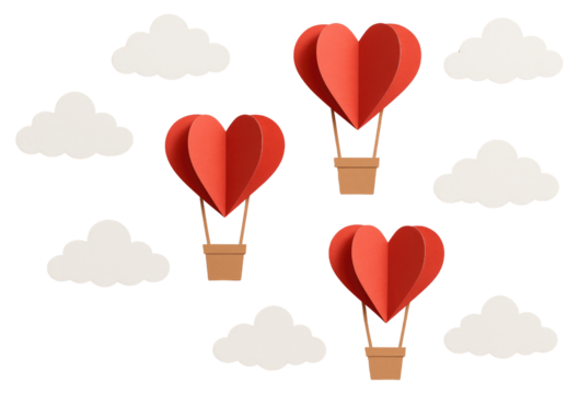 Paper Heart Hot Air Balloons and Clouds on Pink Background love isolated isolated on a transparent background