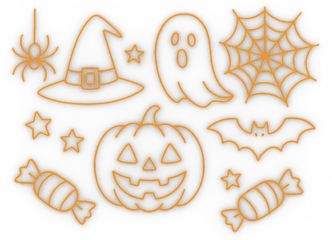Neon Orange Halloween Icons on Black Background with Spray Paint Effect symbol isolated on a transparent background