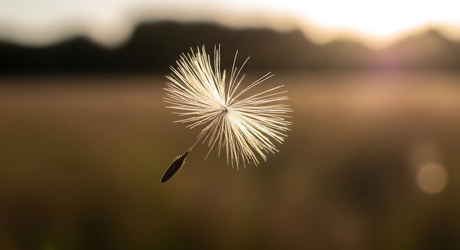A dandelion seed floating in the air with a blurred background during a warm sunset atmosphere view