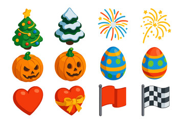 Festive Holiday Icons. Isometric vector illustration set Christmas tree, fireworks, pumpkin, Easter egg, heart, flag: decorated