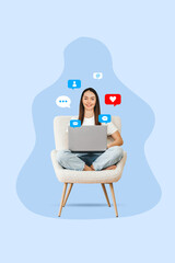 composite collage of a young woman sitting on a chair with a laptop with social media icons around...