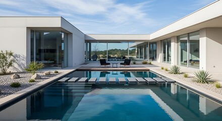 Fototapeta premium Modern villa design with a tranquil swimming pool and patio setup