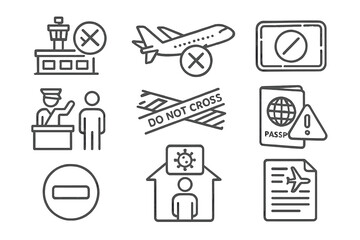 Fototapeta premium Travel Restriction Icons. Line style icons of travel restrictions: airport closure icon, cancelled flight, travel ban stamp,