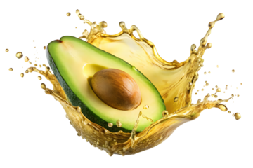 Fresh avocado half splashing into golden liquid oil or juice isolated on transparent background