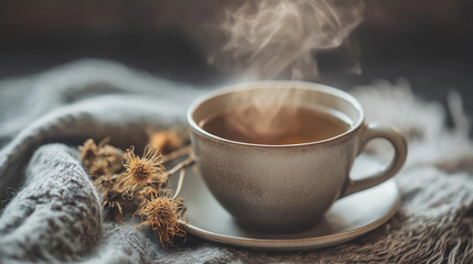 Close-up of herbal tea cup with steam rising