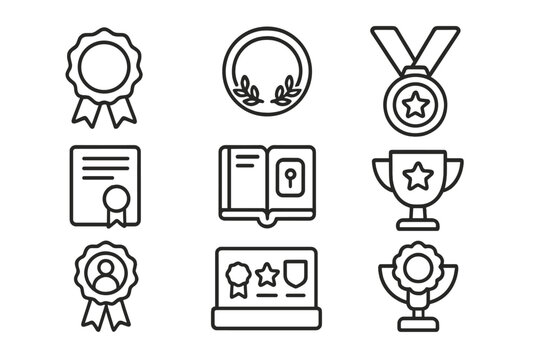 Line Style Icons. Line style icons of badges and certificates: bronze badge, silver award, golden medal, completion certificate,
