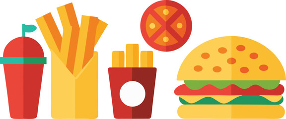 Vector illustration of delicious fast food bundle pizza burgers fries and drink