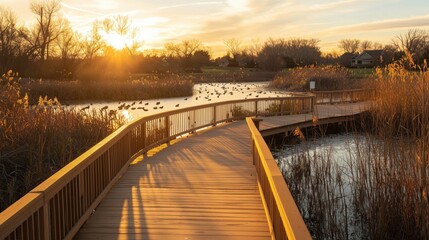 Naklejka premium Golden hour sunlight illuminating a wooden boardwalk through a serene