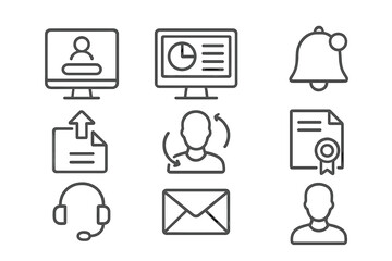Scholarship Tools Icons. Line style icons of scholarship management tools: online portal login, dashboard screen, notification