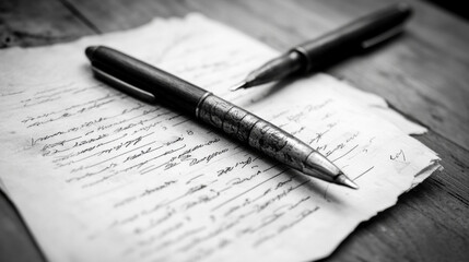 Close-up of tax form details written elegantly on aged paper with two classic pens placed thoughtfully, creating a formal feel