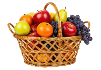 Isolated arrangement of colorful fruit overflowing from a wicker basket on seamless backdrop
