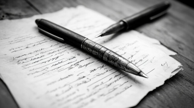 Close-up of tax form details written elegantly on aged paper with two classic pens placed thoughtfully, creating a formal feel