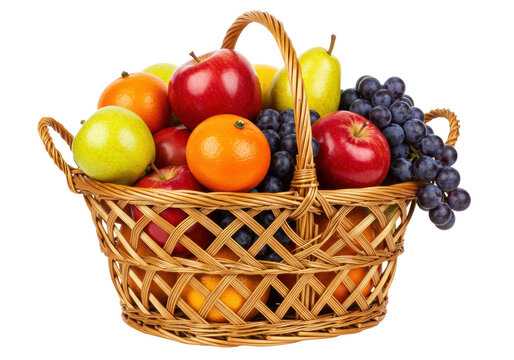 Isolated arrangement of colorful fruit overflowing from a wicker basket on seamless backdrop