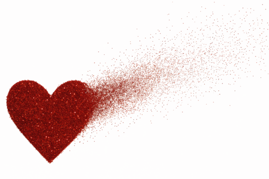 Red heart shape dissolving into a cloud of red glitter particles sparkle isolated on a transparent background - Powered by Adobe