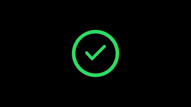 Green check mark with radial yellow and white dash burst animation. approval, success, or task completion with alpha