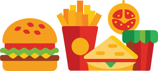 Vector illustration of fast food meal pizza burgers fries drinks and sandwich scalable eps graphic