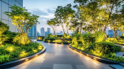 Modern rooftop garden with lush greenery in a city setting