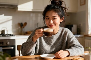Young Asian woman enjoying morning coffee in cozy kitchen, Relaxation and daily routine concept