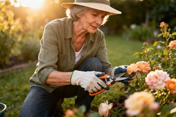 Senior woman pruning rose bushes in garden at sunset, Gardening hobby and outdoor activity concept