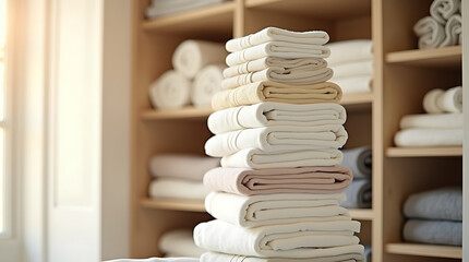 Neutral Towels on Wood Shelf