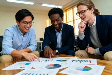 Diverse business professionals analyzing charts and graphs on office table, Team collaboration and data-driven decision making concept