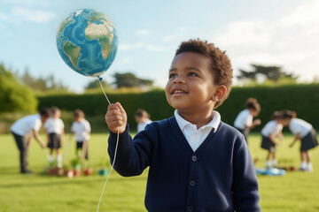 Young student in school uniform holding an earth globe balloon, looking up and smiling in an outdoor learning environment with other children planting in the background