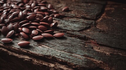 Small brown flax seeds scattered on weathered wood surface