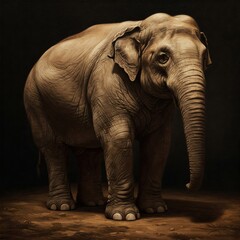 Fototapeta premium Realistic elephant portrait. Classic dark oil painting of a strong, large animal. 