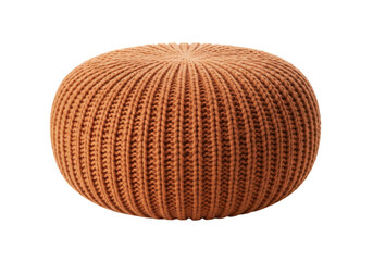 Isolated knitted pouf stool seat in rustic orange color, soft comfortable woven ottoman cushion